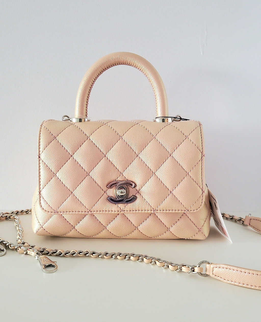 Chanel Coco Handle Iridescent Small Rainbow Hardware Caviar Pink