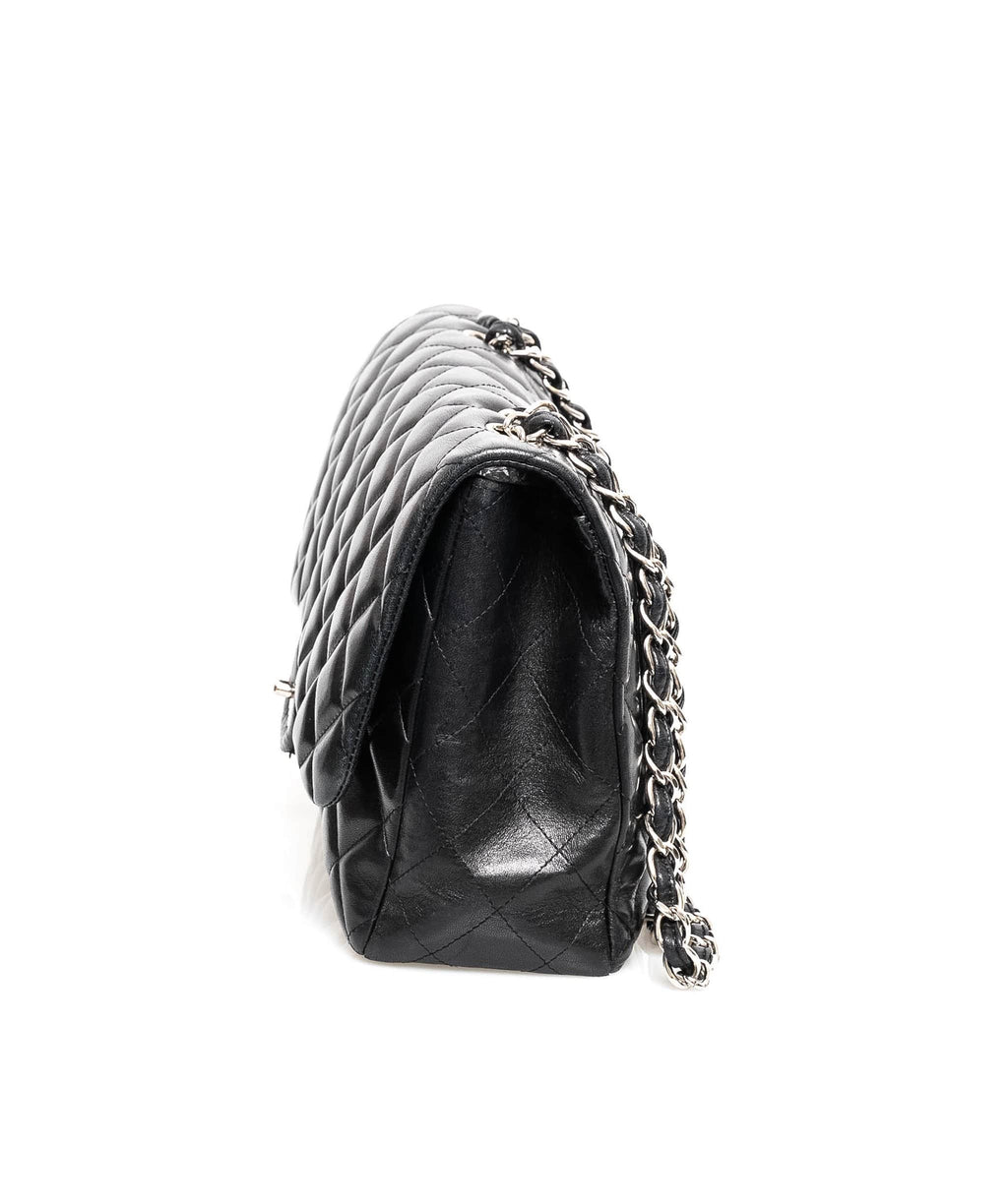 CHANEL Classic Black Quilted Caviar SHW Silver Chain Jumbo Large Flap Bag