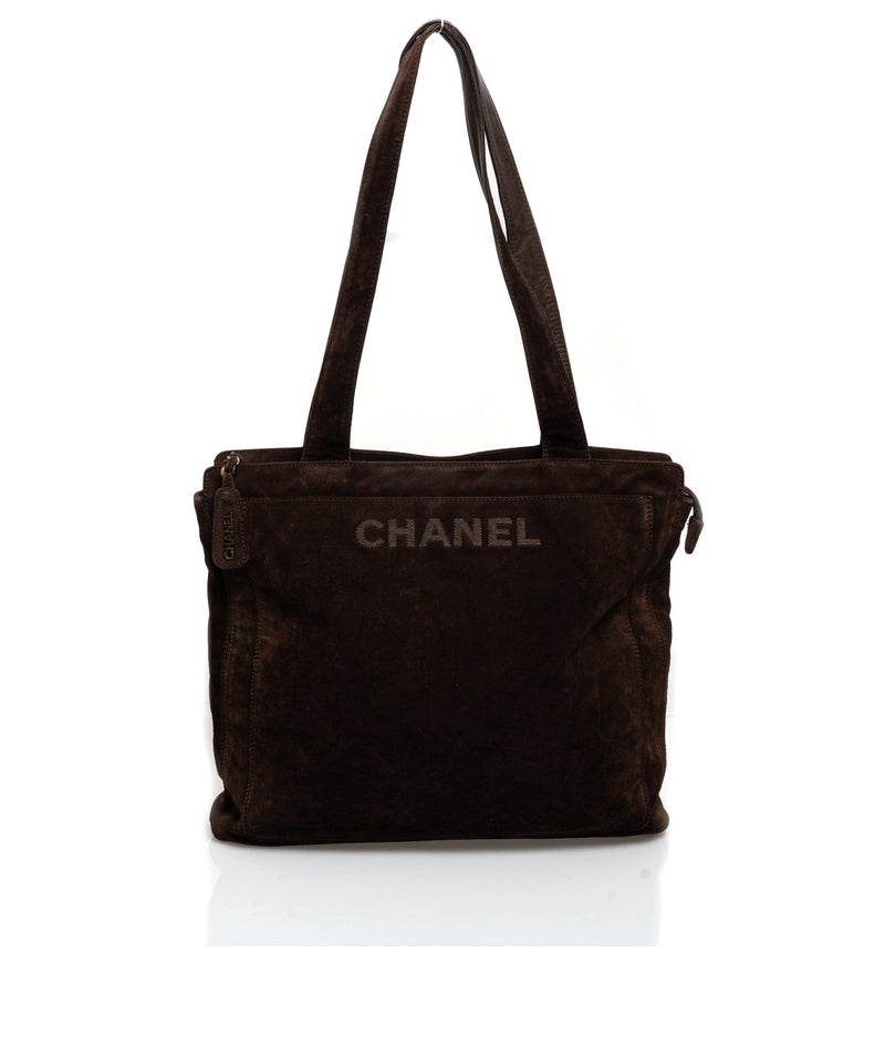 Chanel Chanel Logo Brown Suede Large Upper Zip Tote Bag - AWL1371