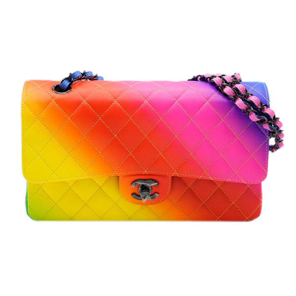 CHANEL NEW 21K Multi Color Rainbow Fabric Gold Leather Chain Shoulder Flap  Bag at 1stDibs