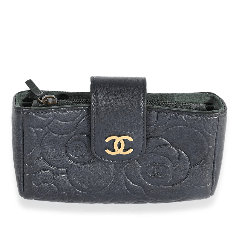 Chanel Navy Camellia Embossed Leather Phone Holder Clutch 123718