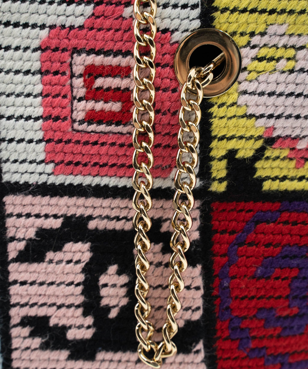 CHANEL needlepoint lucky charms patchwork pochette bag with gilt