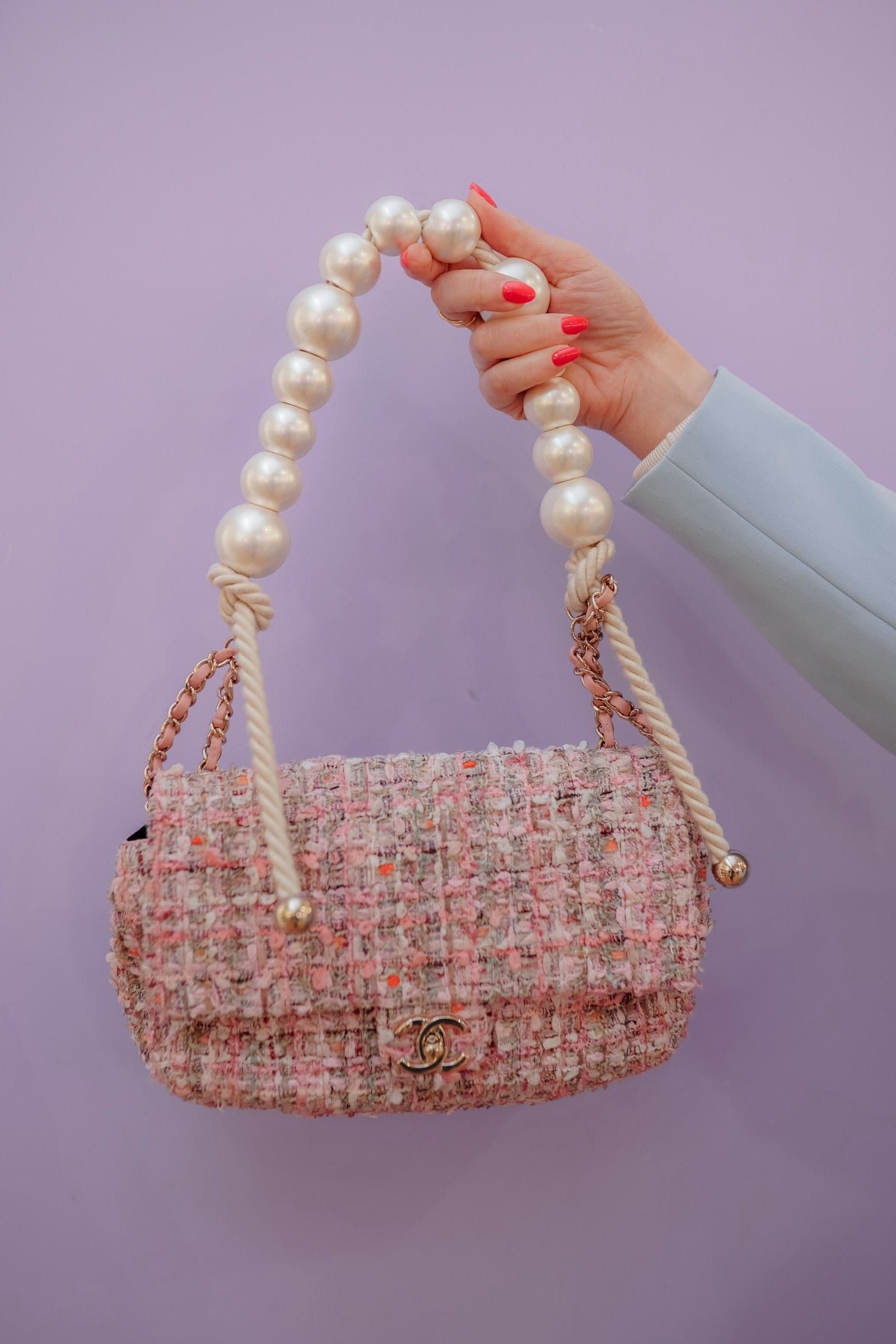 Chanel Pink Tweed Flap Bag With Pearl Detail - ADL1833