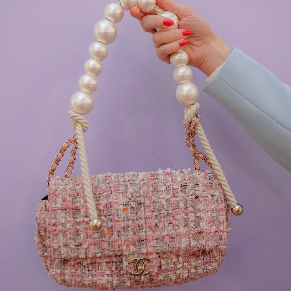 2019 Chanel Pink Tweed Fabric and Pearls Classic Single Flap Bag at 1stDibs