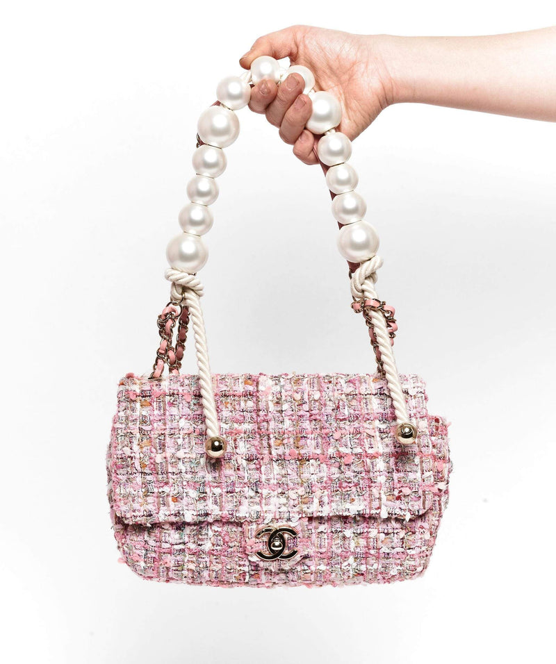 Chanel Pink Tweed Flap Bag With Large Pearl Handle - SS19 Collection at  1stDibs