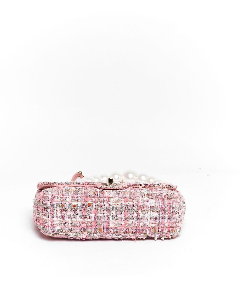 Chanel Pink Tweed Flap Bag With Large Pearl Handle - SS19