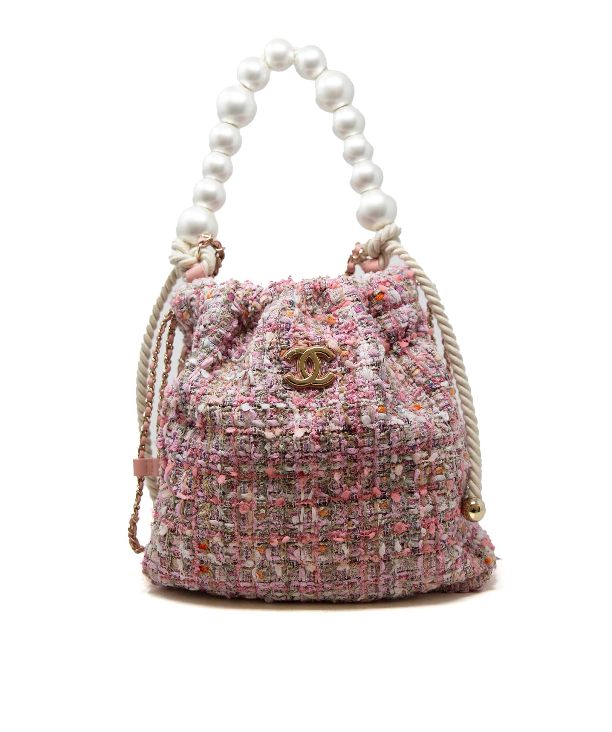 Chanel Pink Tweed Pearl Handle Soft Bucket Bag - AGC1104