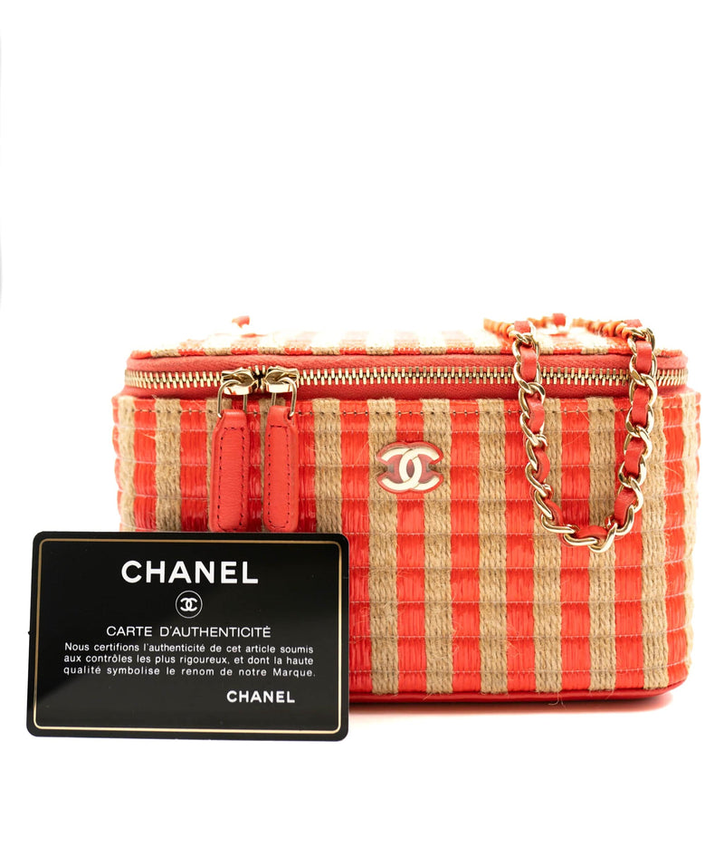 NEW CHANEL RAFFIA JUTE STRIPED MINI VANITY CASE RED GOLD HW