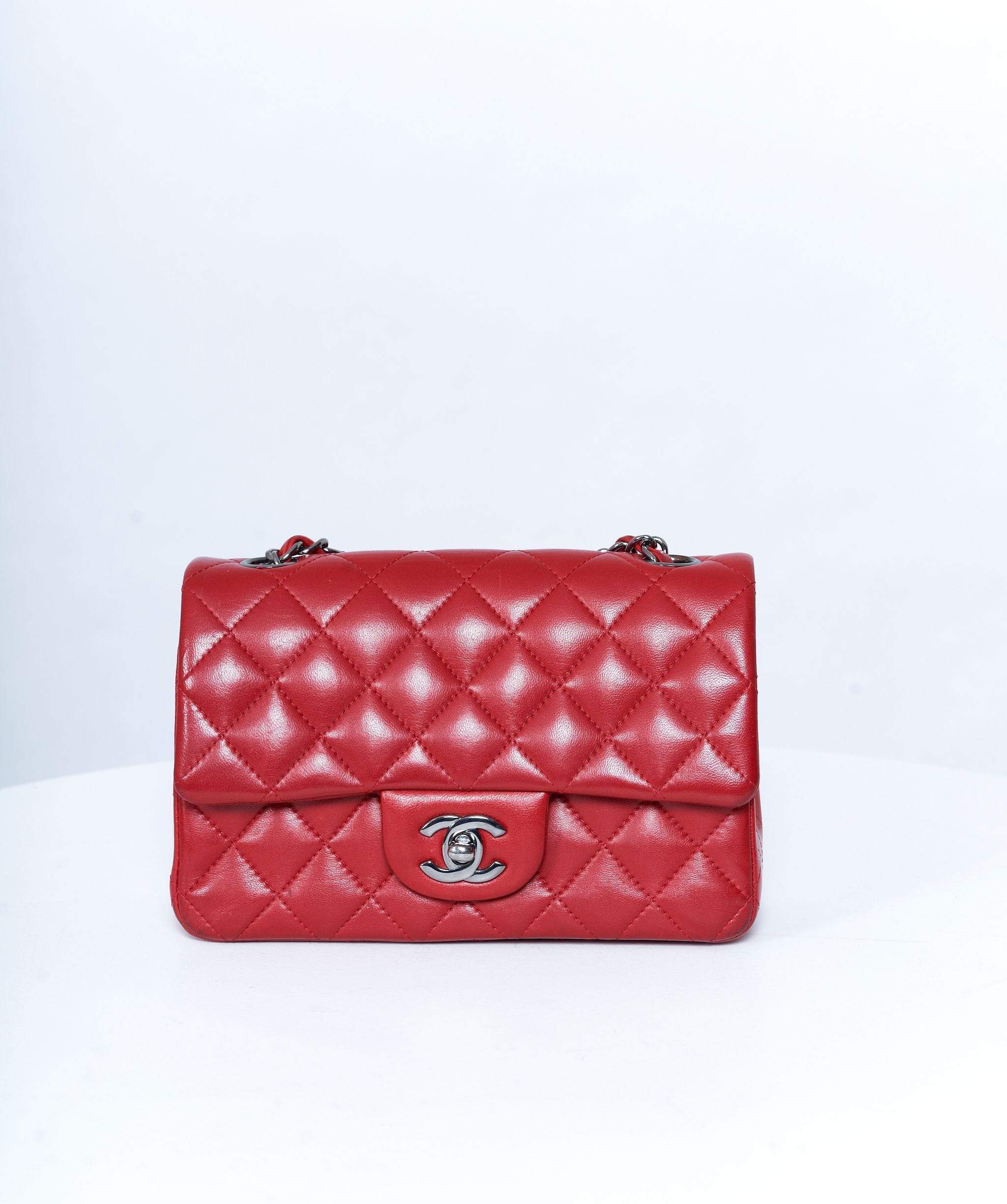Chanel Red Lambskin Small 8' Classic Flap Bag Ruthenium Hardware