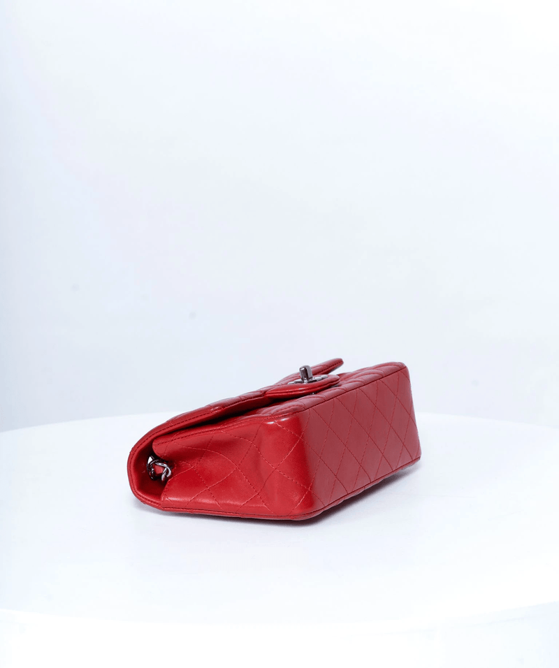 Chanel Red Lambskin Small 8' Classic Flap Bag Ruthenium Hardware