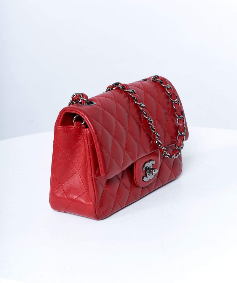 Chanel Red Lambskin Small 8' Classic Flap Bag Ruthenium Hardware MW1955
