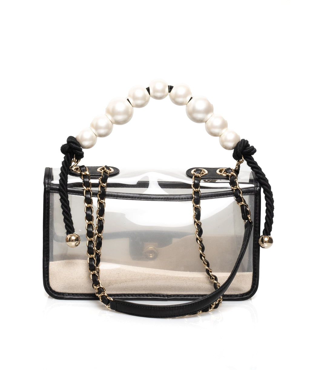 CHANEL Lambskin PVC Sand By The Sea Flap With Pearl Strap Black