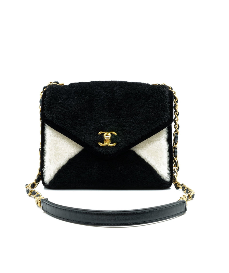 Chanel Beige And Black Shearling Large Single Flap Bag Gold