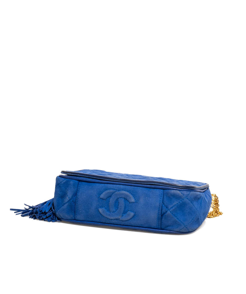 Chanel Vintage Blue Suede Rhinestone Tassel Flap Camera Bag
