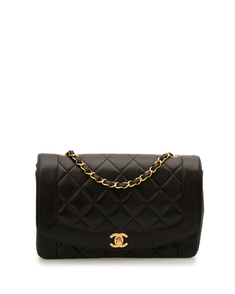 Vintage 90s Chanel Classic Diana Black Quilted Small Flap Bag with Box