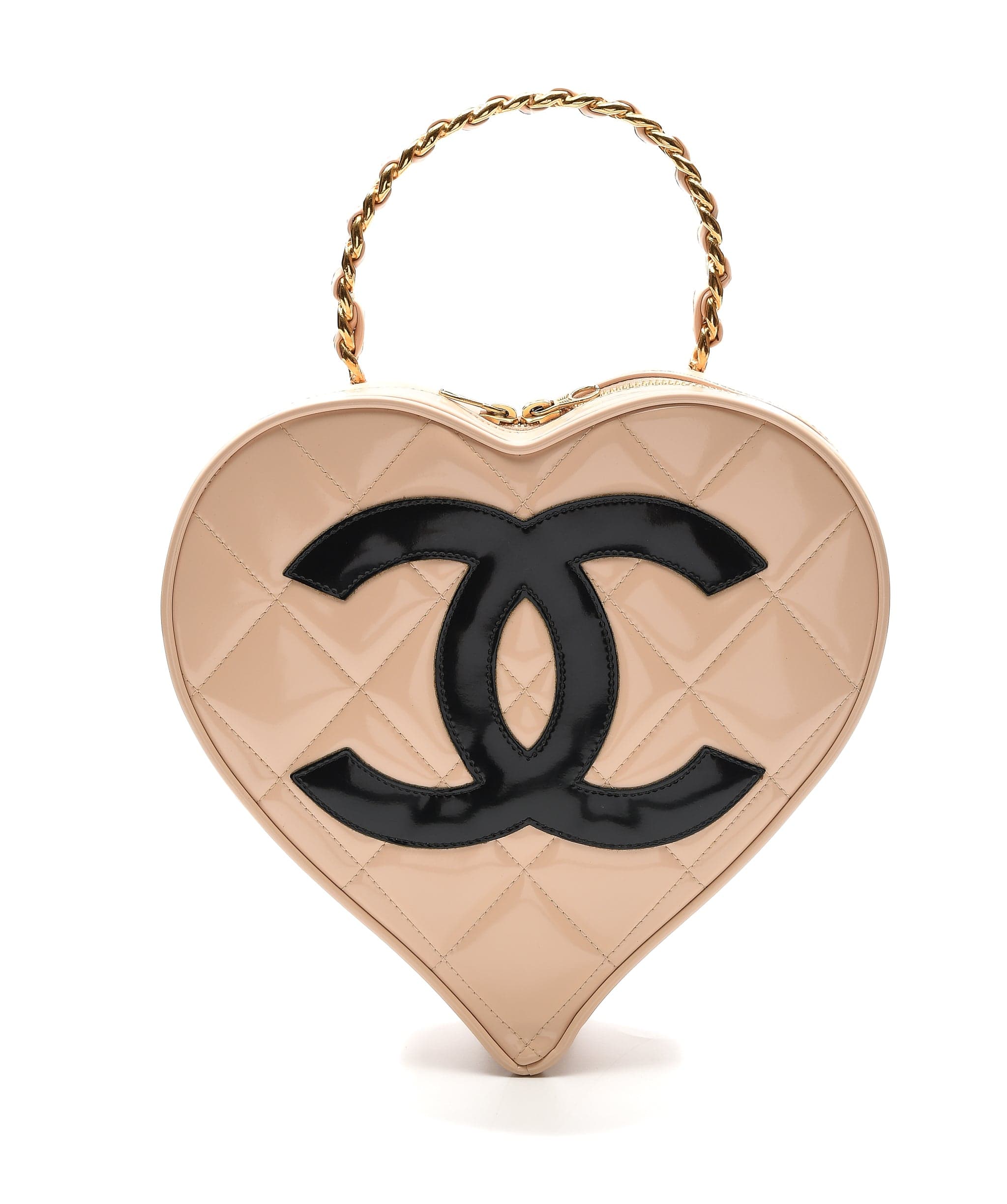 Vintage Chanel Heart Vanity Bag Beige and Black Patent Antique Gold Hardware