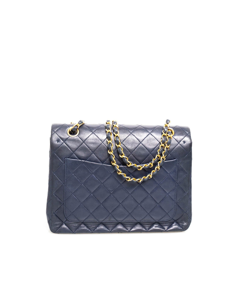 Chanel Vintage Small Single Full Flap Bag Navy Blue Lambskin 24K Gold   Coco Approved Studio