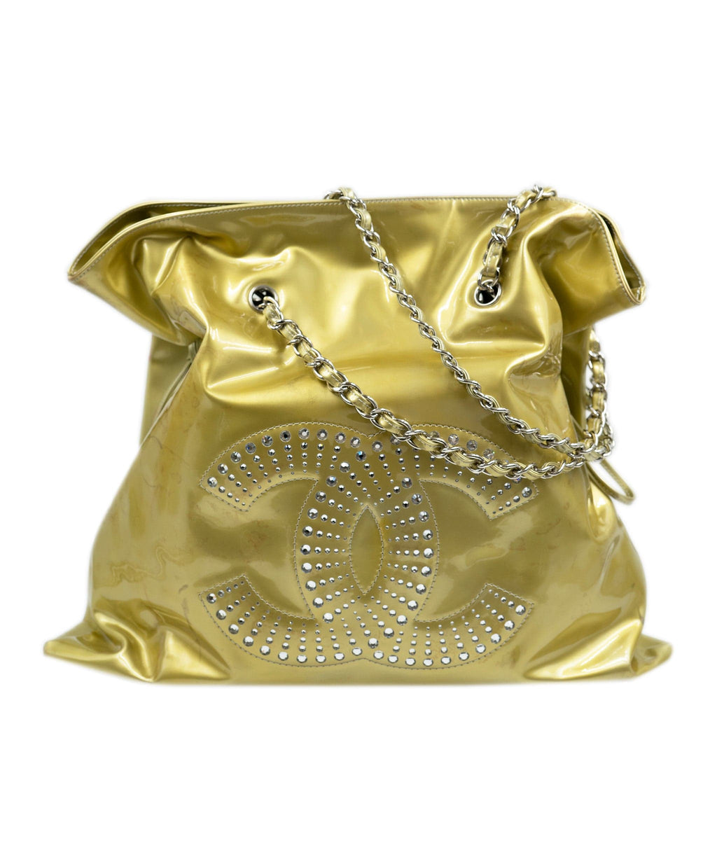 Chanel vinyl gold tote bag with large CC logo crystal diamante detaili –  LuxuryPromise