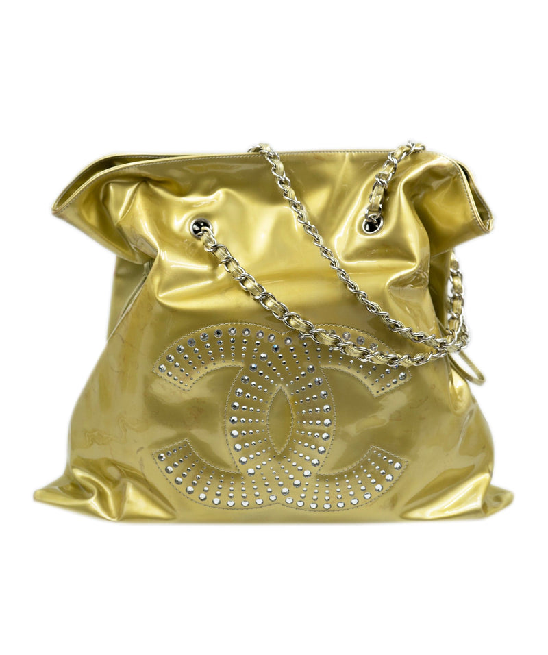 Chanel vinyl gold tote bag with large CC logo crystal diamante