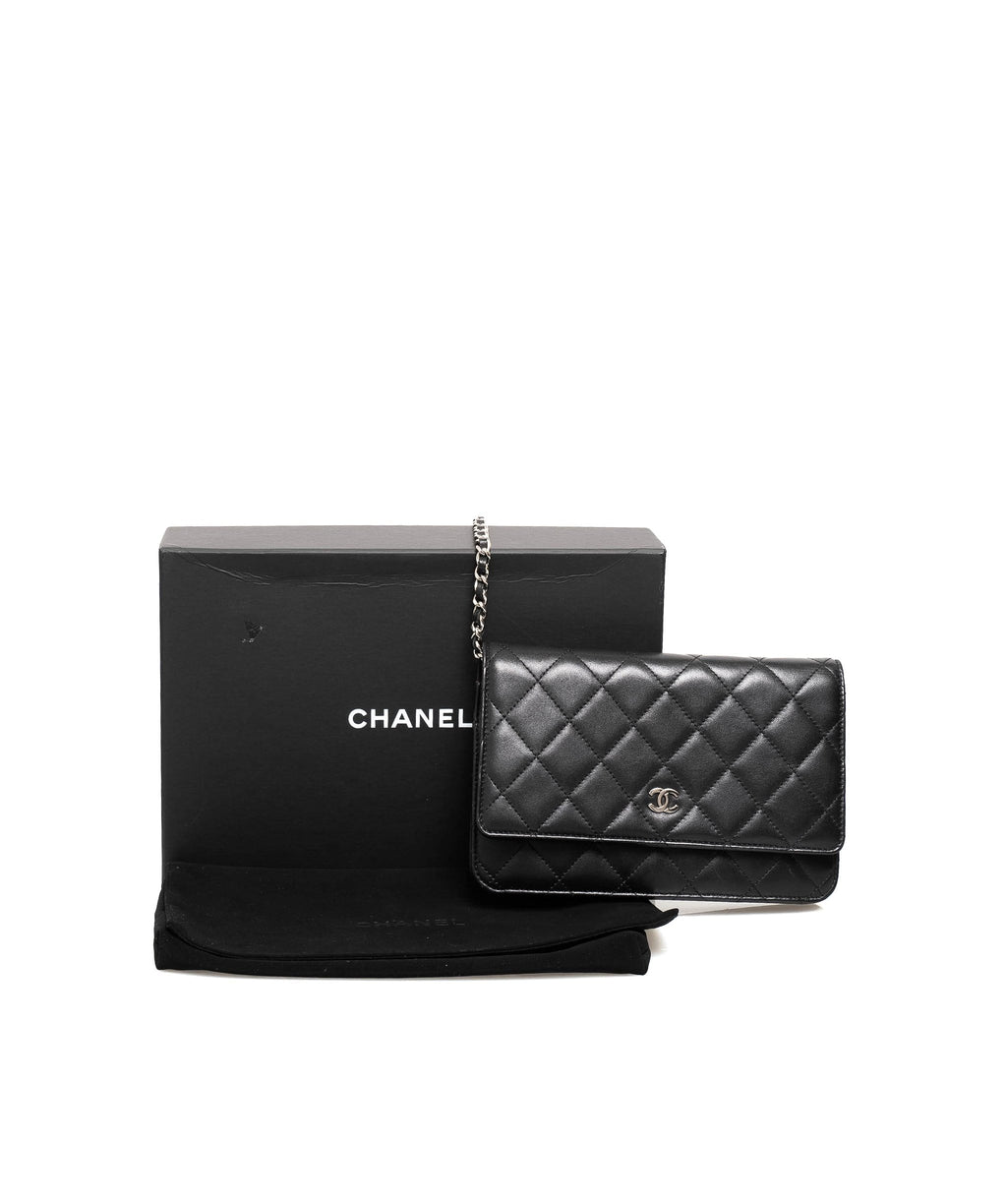 CHANEL Metallic Lambskin Quilted Wallet On Chain WOC Silver 125027