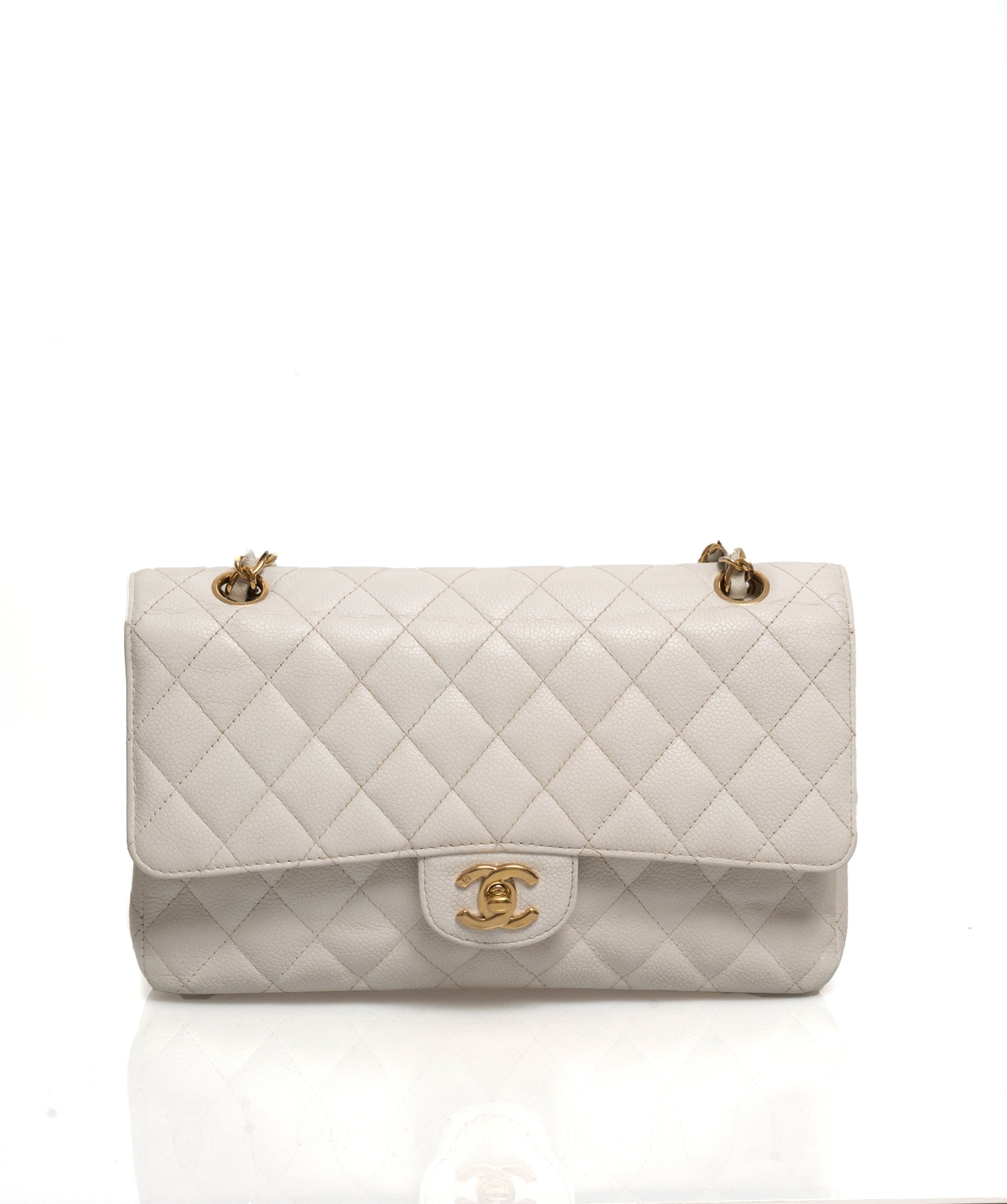 Chanel Medium Classic Double Flap Bag White Quilted Caviar Light Gold  Hardware