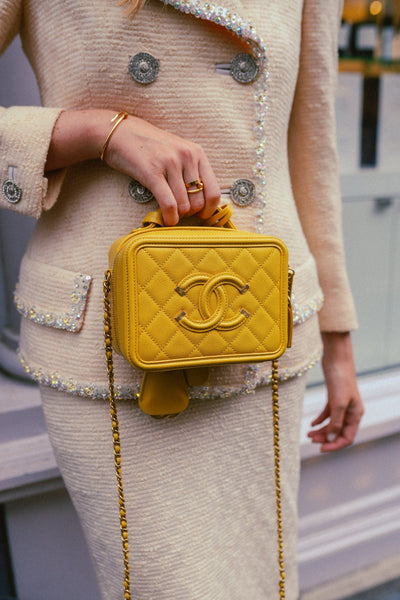 CHANEL Caviar Quilted Mini Vanity Case With Chain Yellow 531248