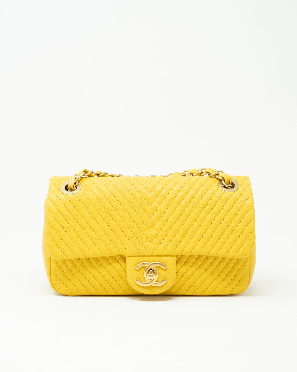 Chanel Yellow Chevron Leather Classic Flap Bag GHW - AGL1551