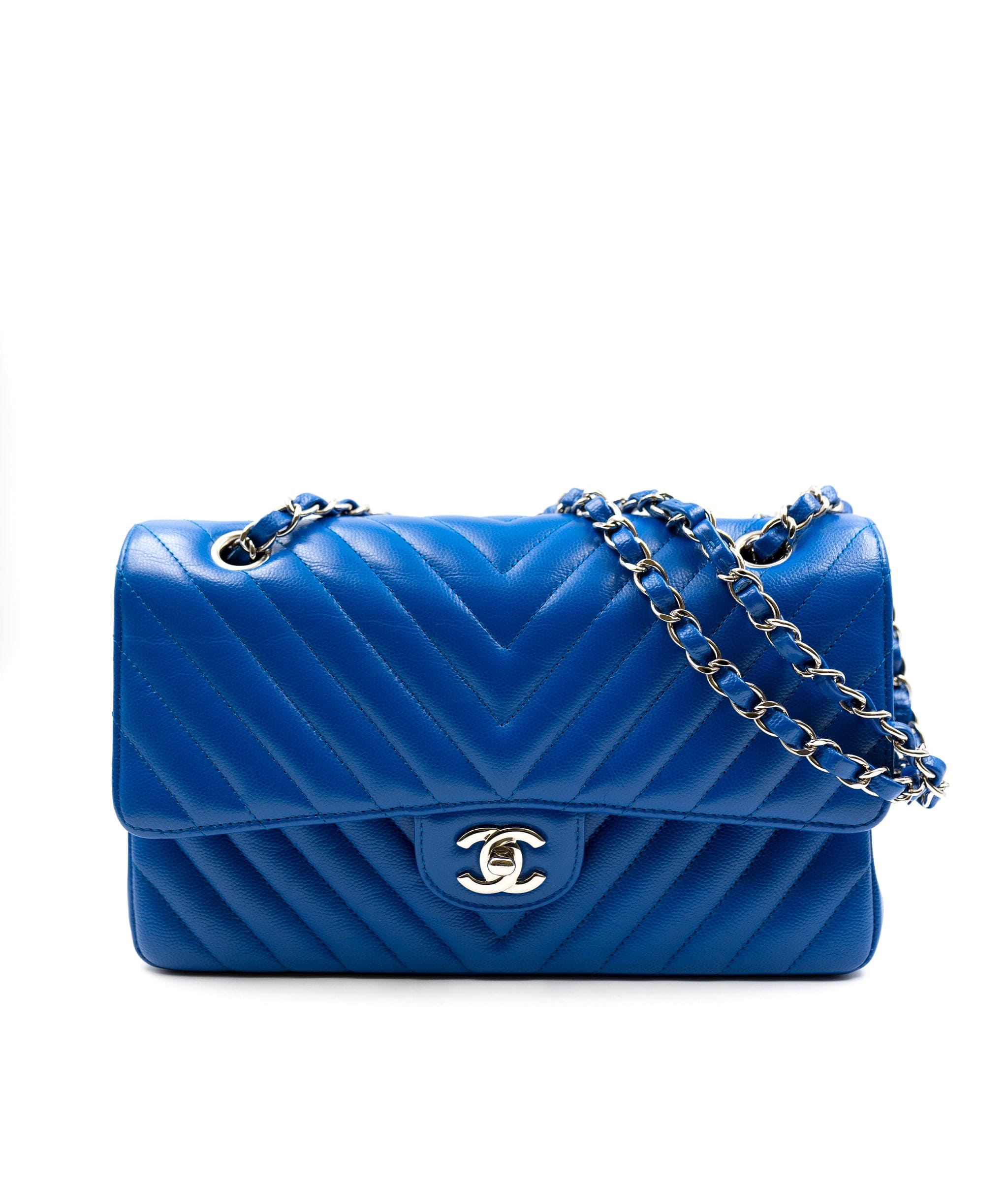 Chanel Electric Blue Chevron Caviar Medium Double Flap Bag AGC1366