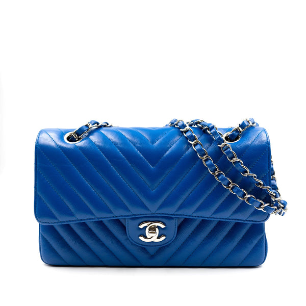 Chanel Electric Blue Chevron Caviar Medium Double Flap Bag