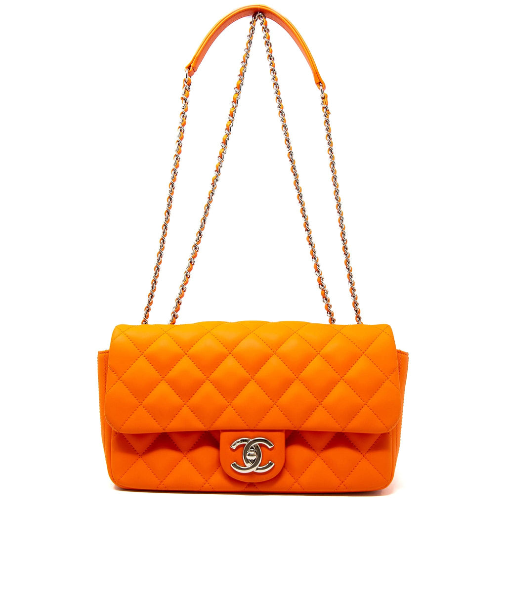 Rare Chanel bright orange coated leather single flap bag with