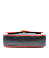 Chanel RARE VINTAGE CHANEL navy blue leather classic flap shoulder bag with red silk piping, 1984 - AEC1003