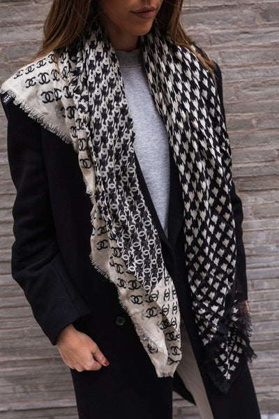 Chanel Black and White Cashmere and Silk Scarf MW1258