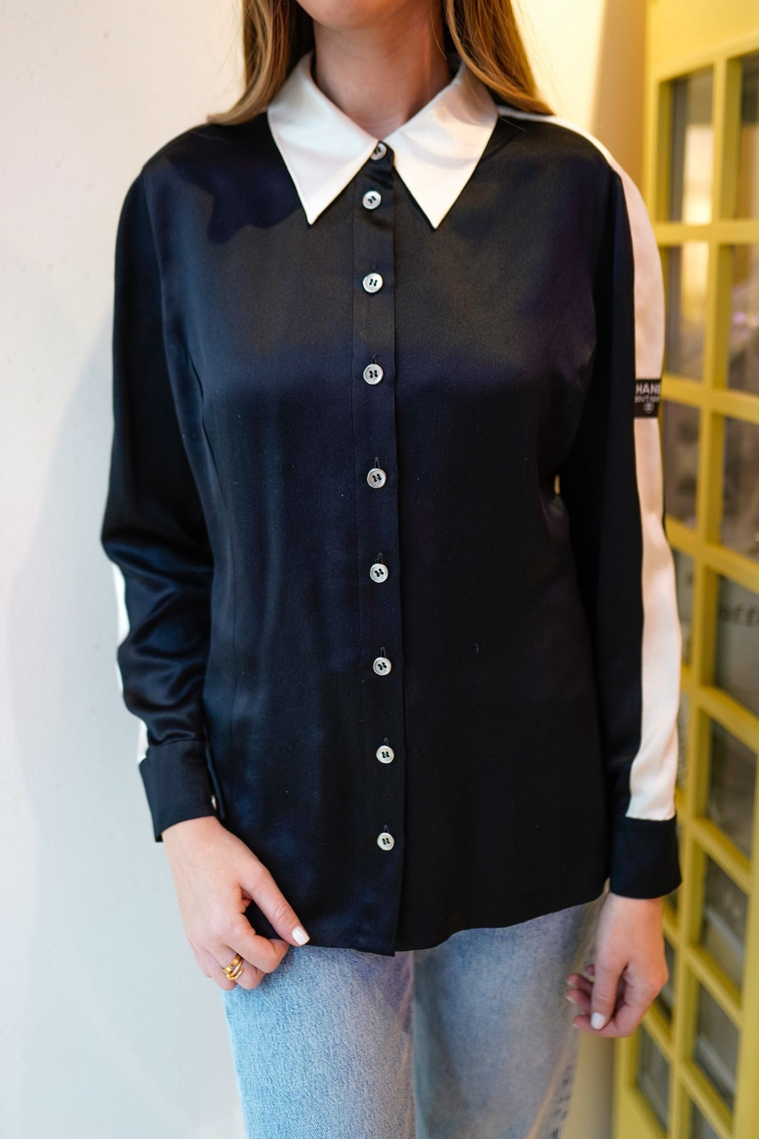 Chanel Black & Cream Silk Button Collar Shirt - AGL1693