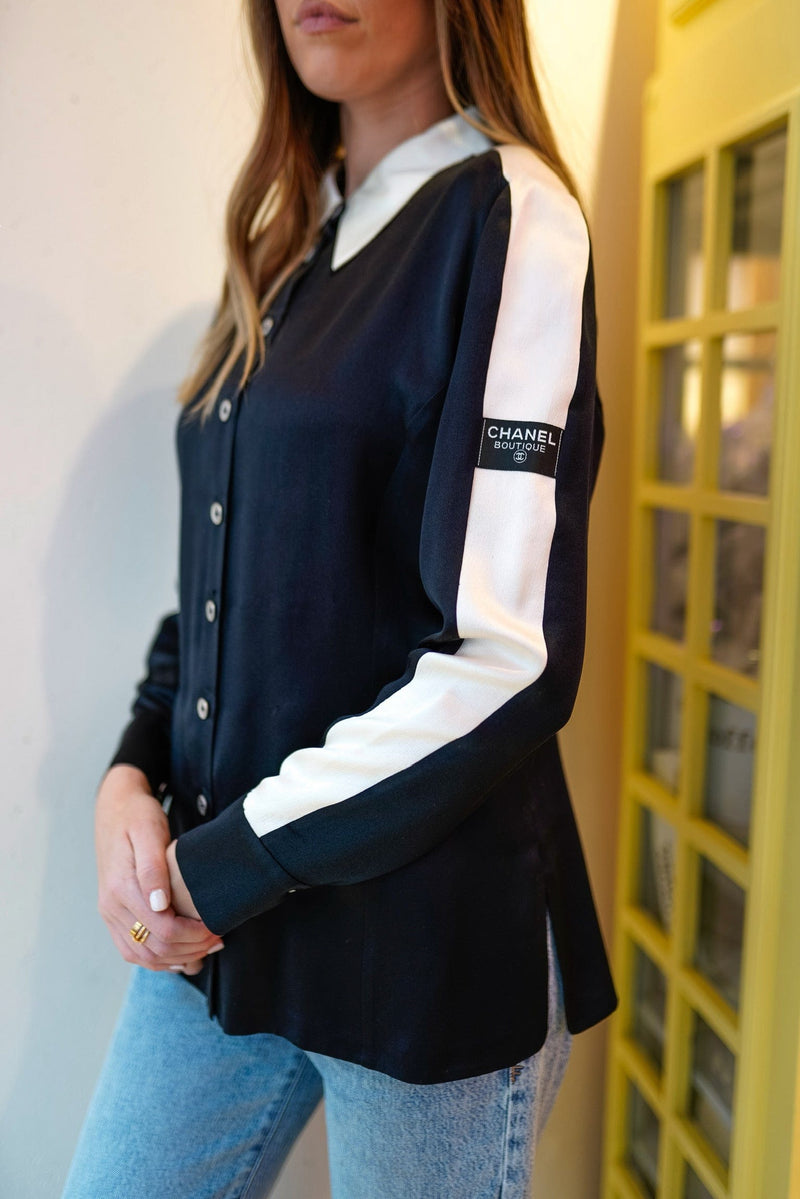 Chanel Black & Cream Silk Button Collar Shirt - AGL1693