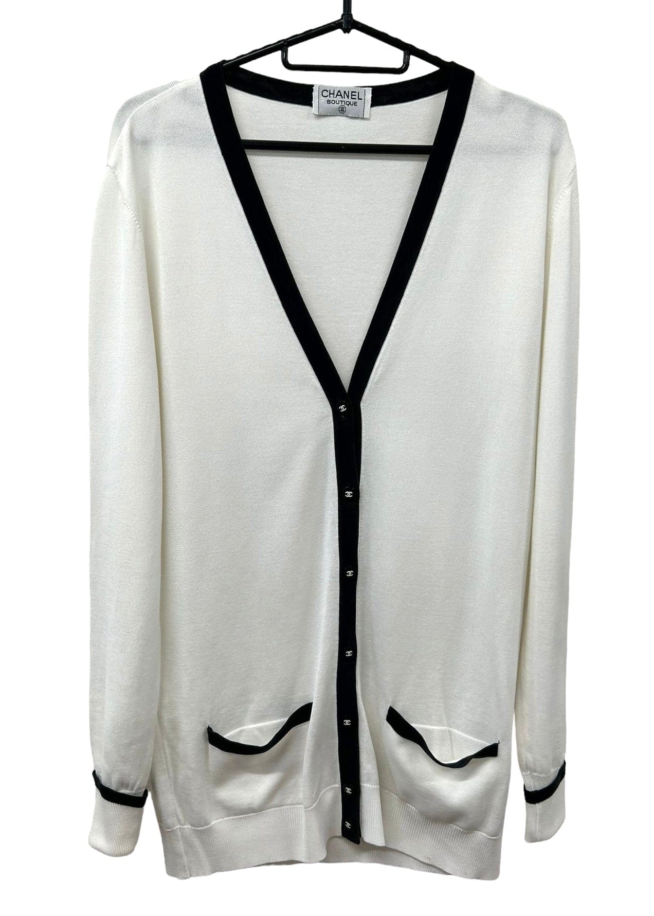 Chanel Chanel Cardigan Knit Summer CC Button White / Black Trim SKC1387