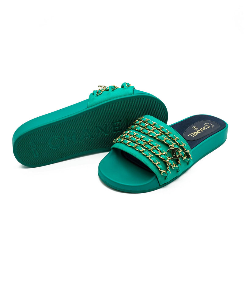 Chanel Green Suede Chain Embellished Flat Slide Sandals Size 385 Chanel   TLC