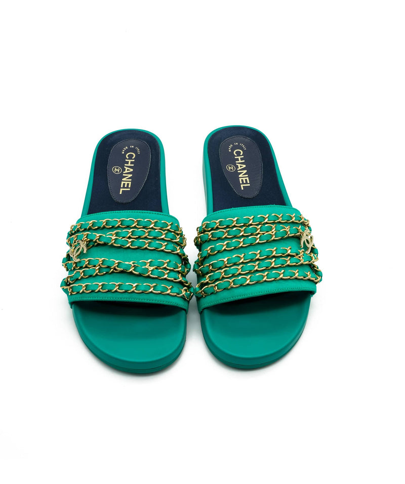Chanel Khaki Green Fabric Tropiconic Chain Detail Flat Slide Sandals Size  41 at 1stDibs  green chanel sandals khaki green flat sandals green  chanel slides