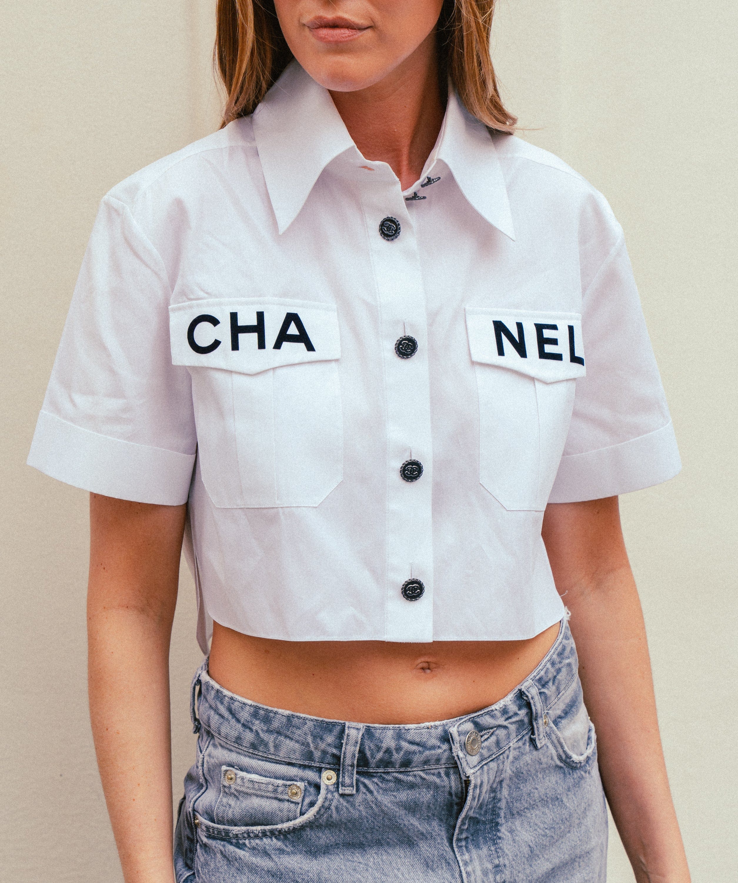 White Polyester Top CHANEL  Tops, Cropped white shirt, Chanel blouse