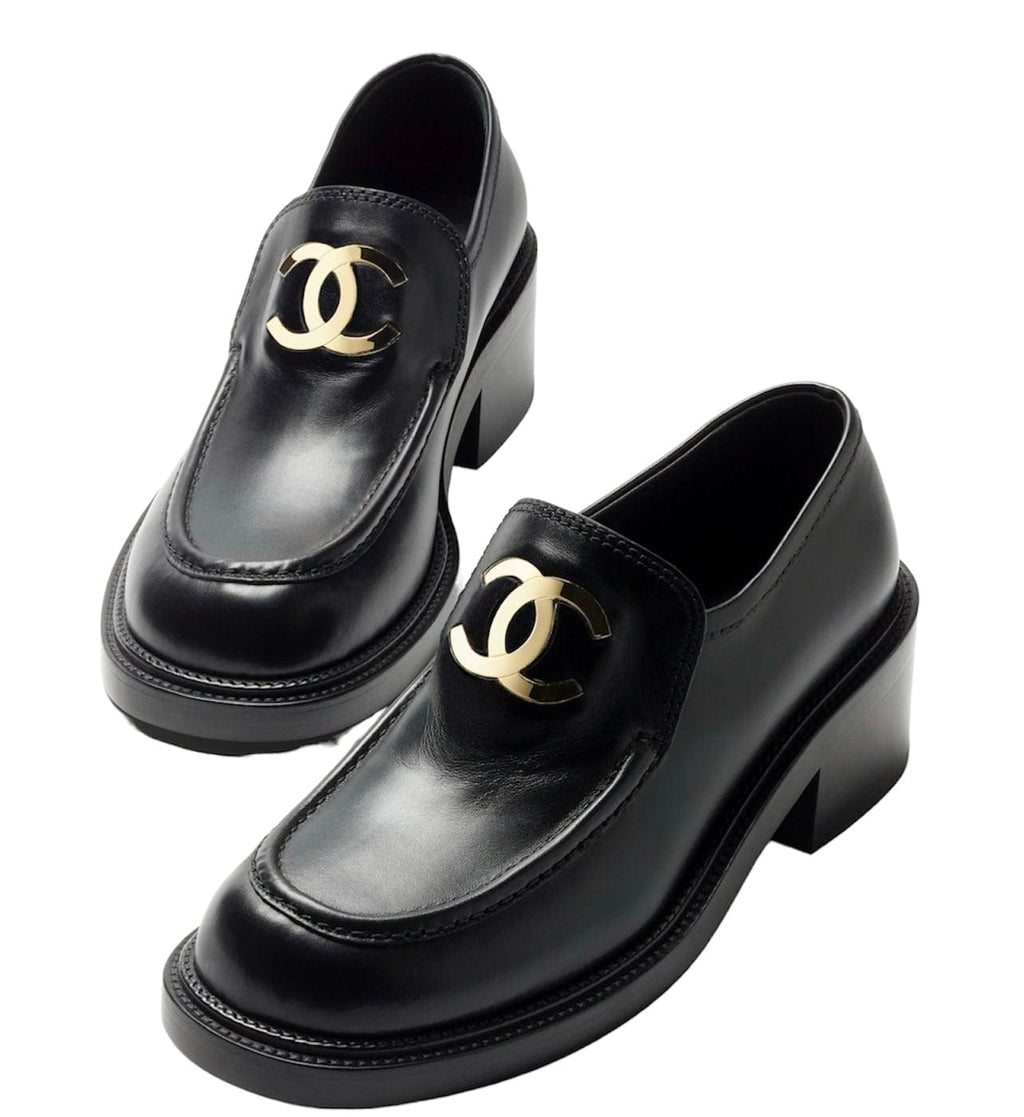 Chanel Loafers Black Calfskin Large CC EU38.5 SKC1286