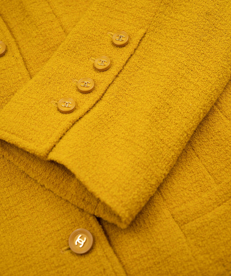 Chanel mustard yellow boucle jacket with round CC logo buttons
