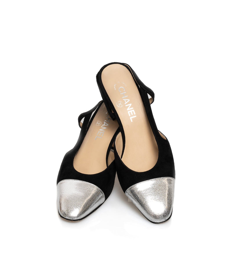 Chanel Slingback Shoes Size 38 Black and Silver Leather - ASL1665