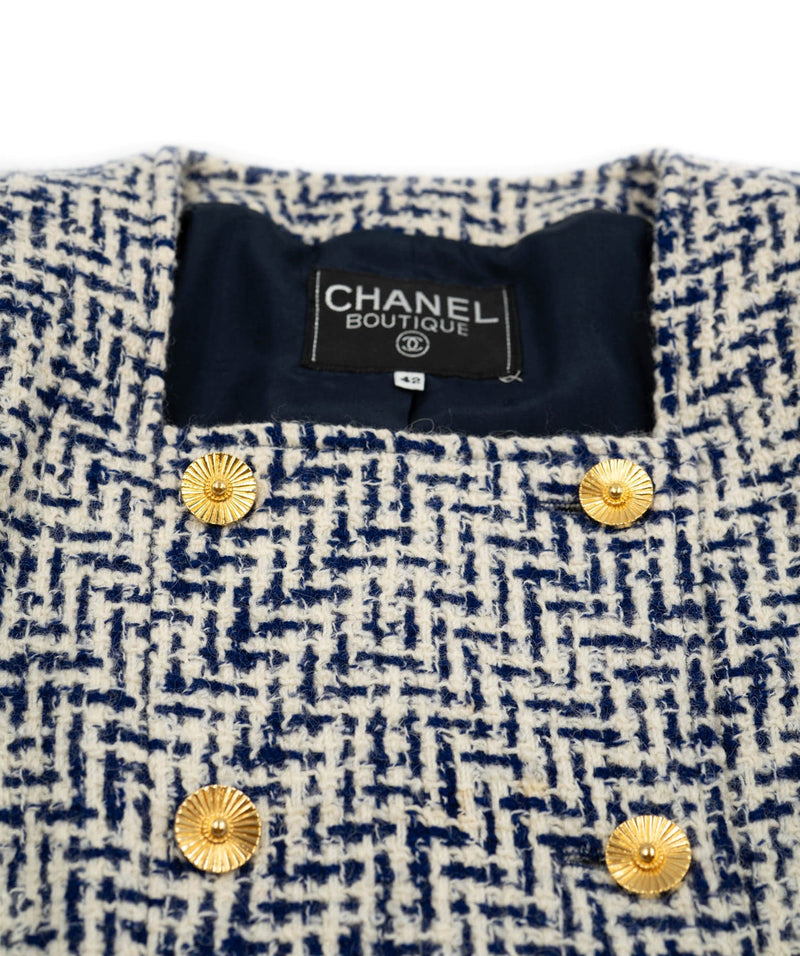Chanel Chanel vintage navy and off white double-breasted jacket, golds sunburst buttons AEL1082