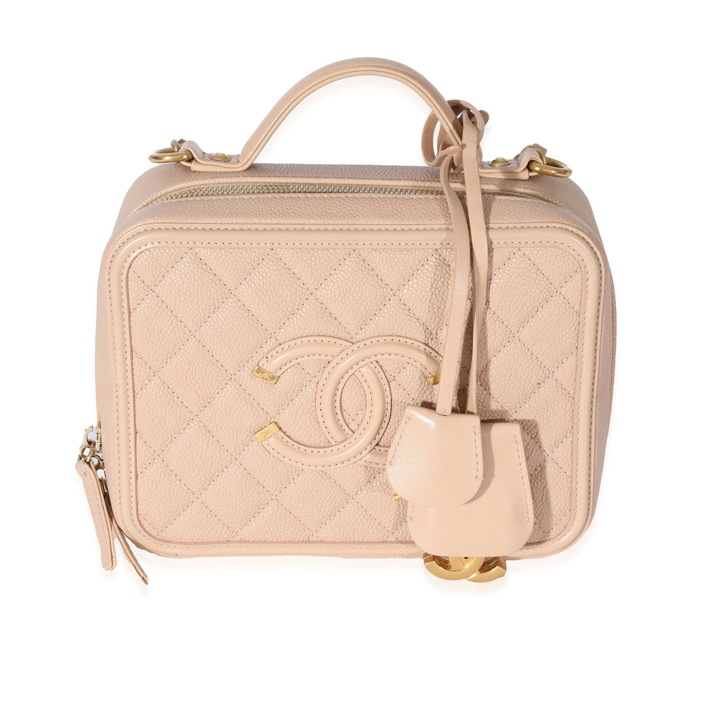 Chanel CC Filigree Vanity Case Quilted Caviar Gold-tone Small Beige in  Caviar with Gold-tone - US