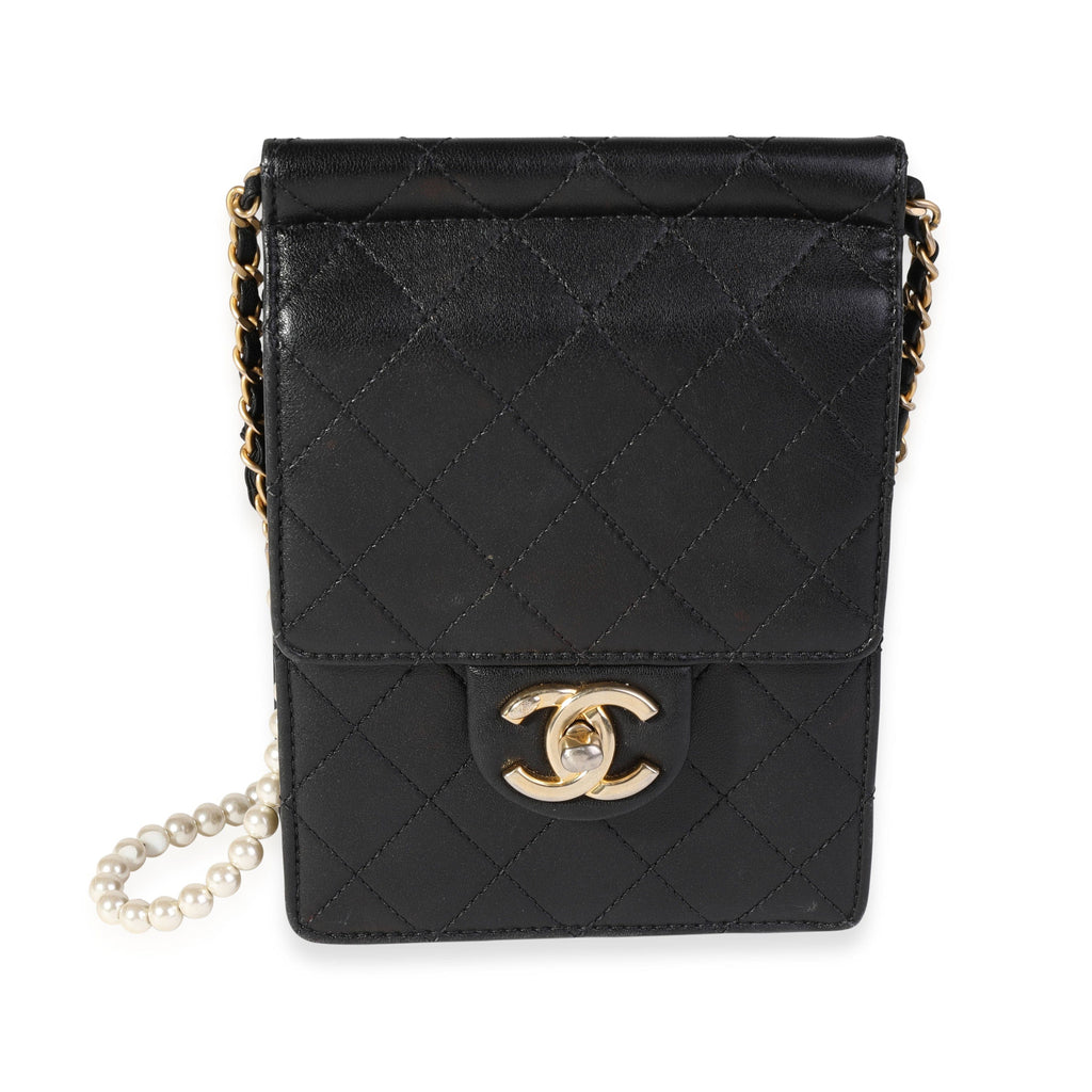 CHANEL Calfskin Quilted Mini Rectangular Crystal Pearls Chain Flap Black  1314236