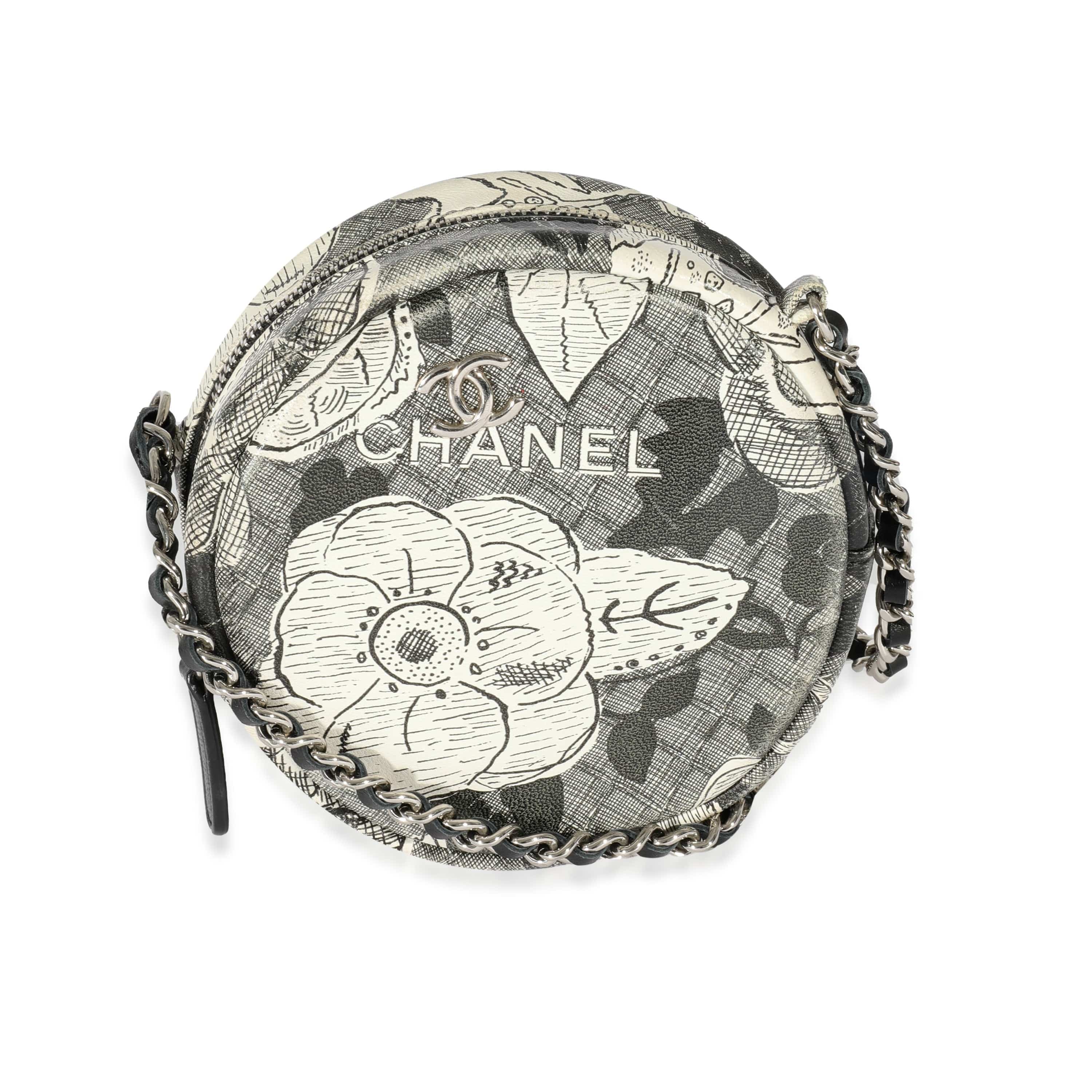 Chanel Chanel Black White Lambskin Floral CC Round Clutch With Chain