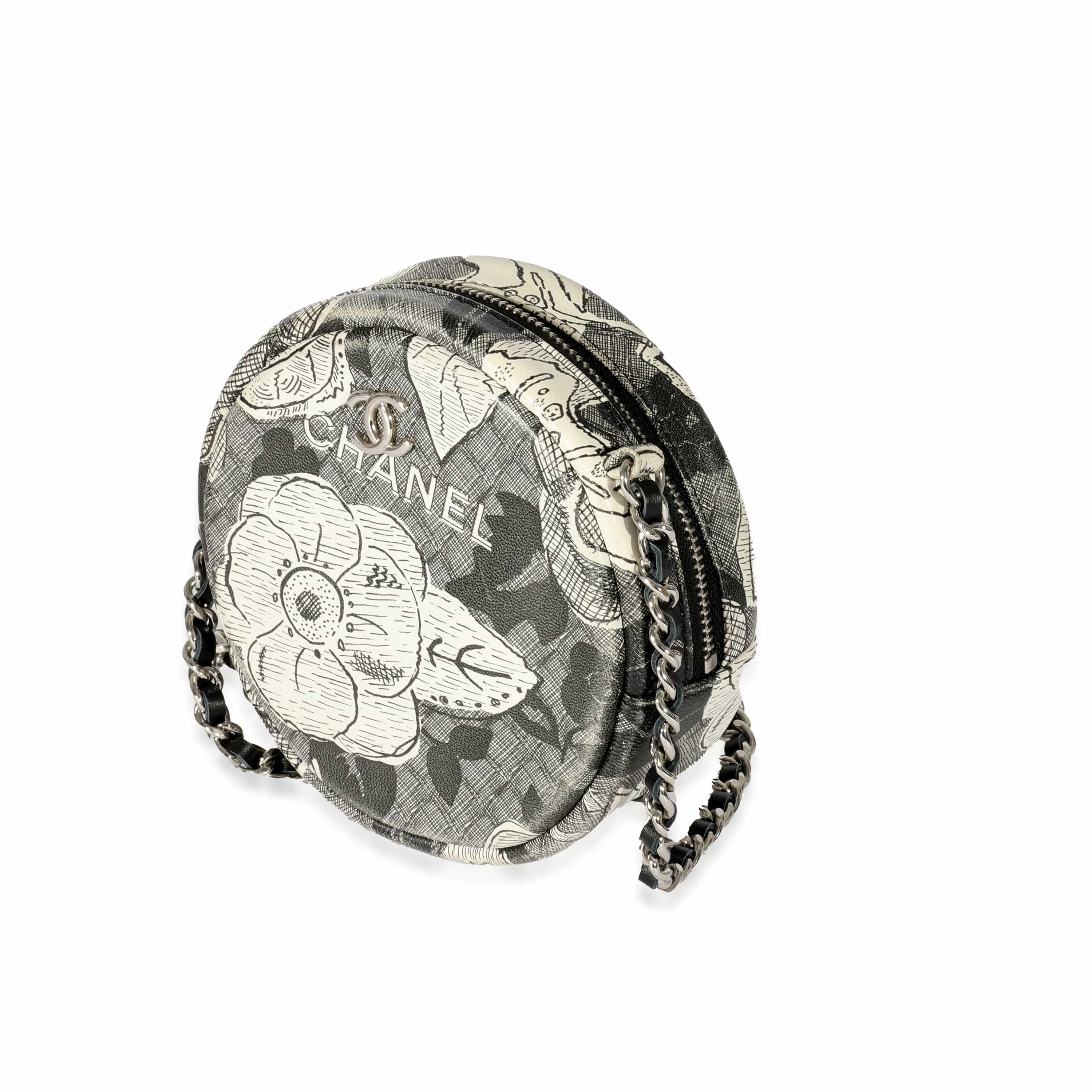 Chanel Chanel Black White Lambskin Floral CC Round Clutch With Chain