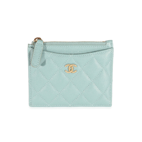 Chanel Metallic Pearly Green Quilted Caviar Zip Around Card Holder
