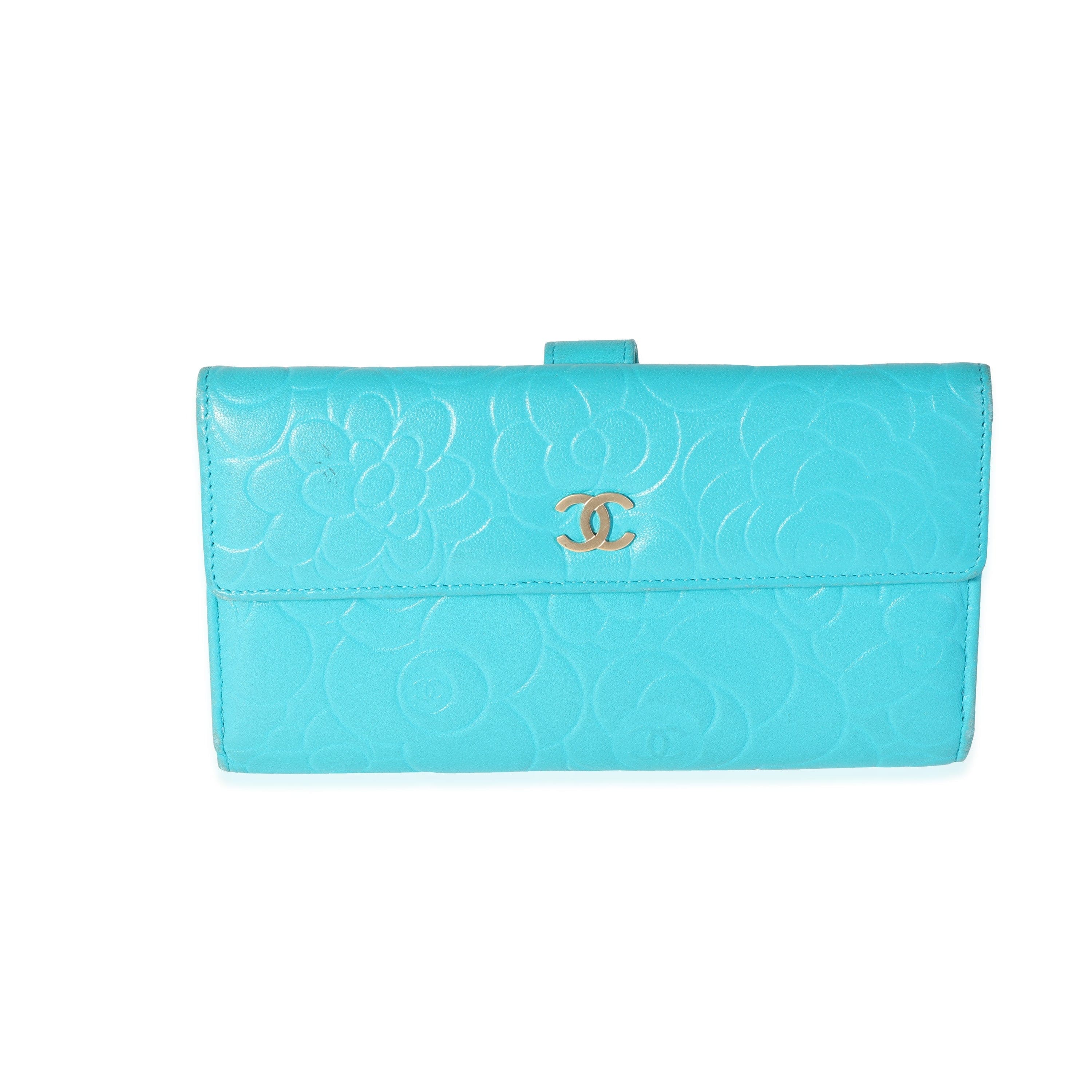 Chanel Chanel Teal Camellia-Embossed Lambskin Wallet
