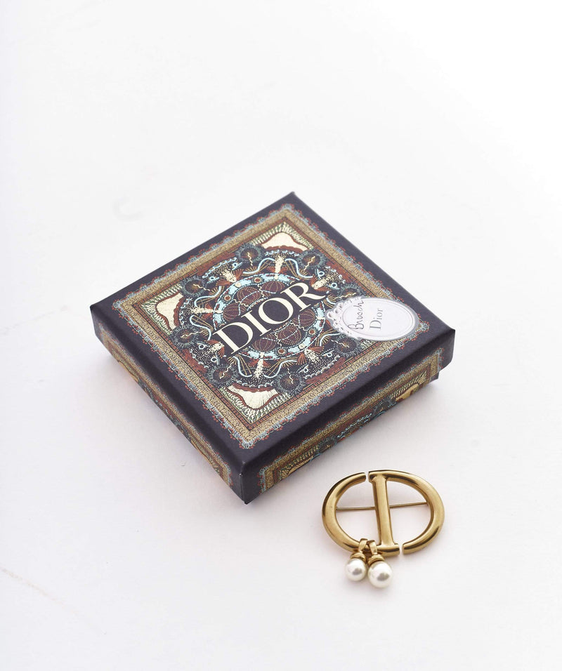 Christian Dior Christian Dior Gold CD logo with drop pearl brooch