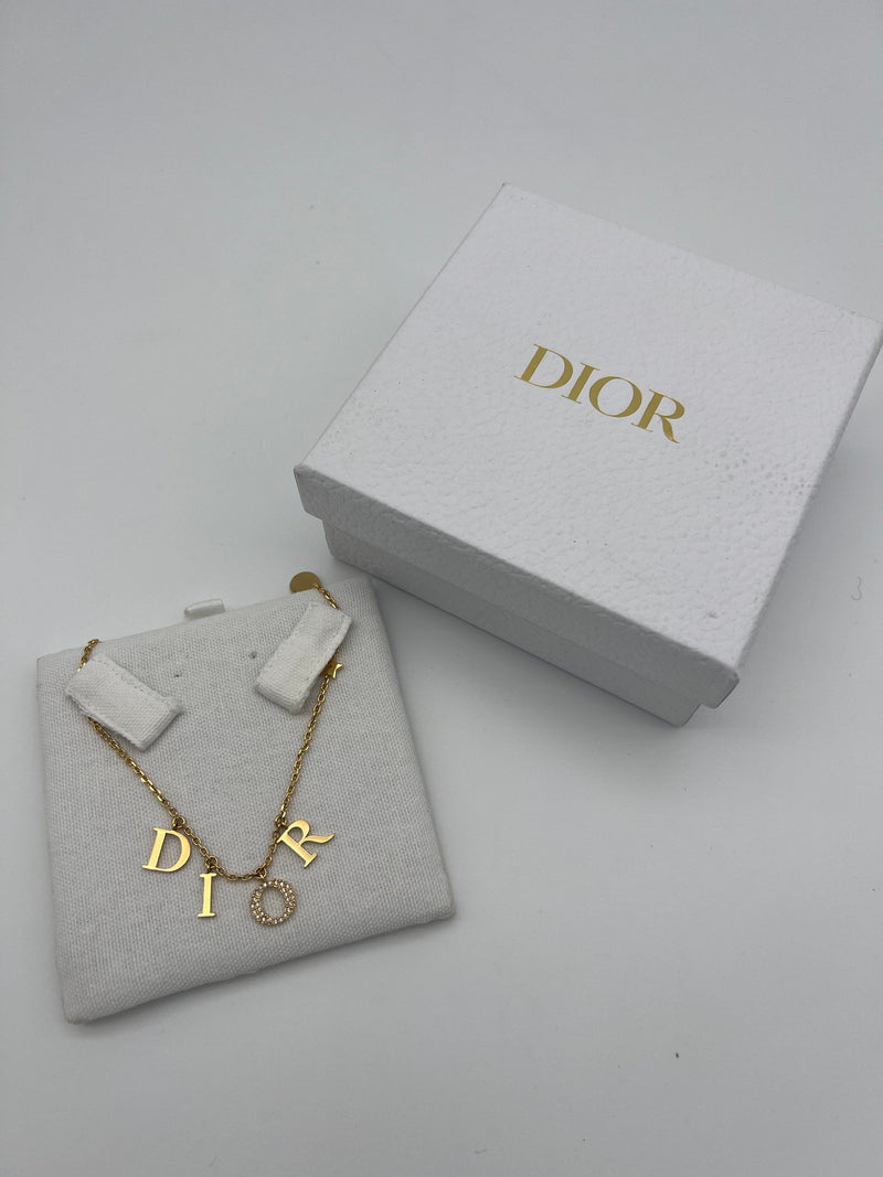 Christian Dior Dior Gold Logo Necklace with Rhinestones  PXL2446